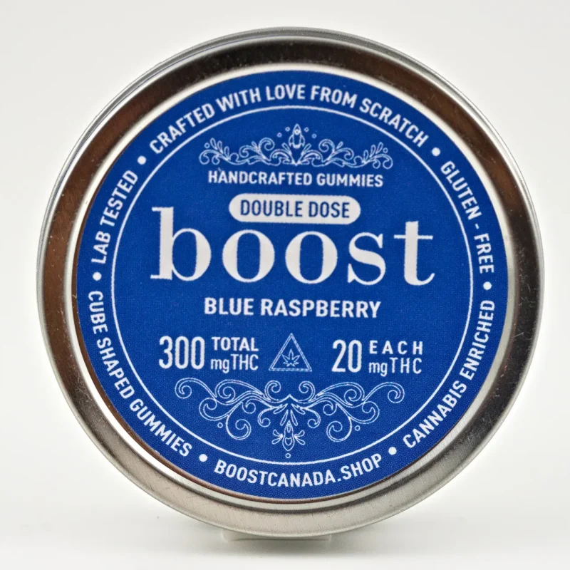 Single tin can of Boost Double Dose Blue Raspberry Gummies 300mg THC