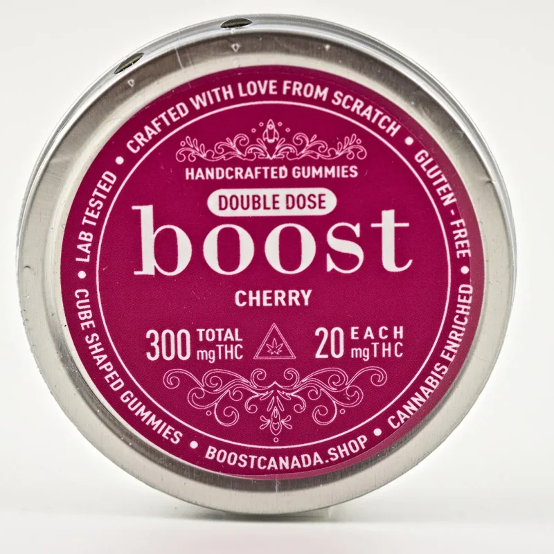 Single tin can of Boost Double Dose Cherry Gummies 300mg THC